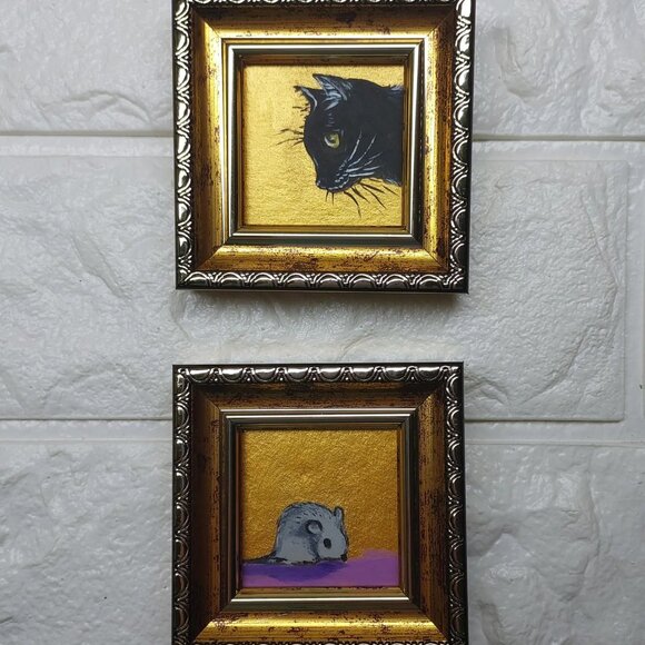 Lot of 3 Framed Original Mini Black Cat Oil Paintings - Picture 2 of 8